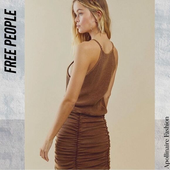 FREE PEOPLE KATYA THERMAL MINI DRESS BODYCON IN CHOCOLATE BROWN LARGE NWT - Picture 4 of 8